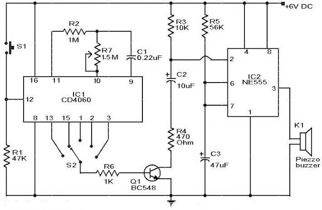 Selective Timer Alarm Circuit using IC 555 & CD4060 - Gadgetronicx