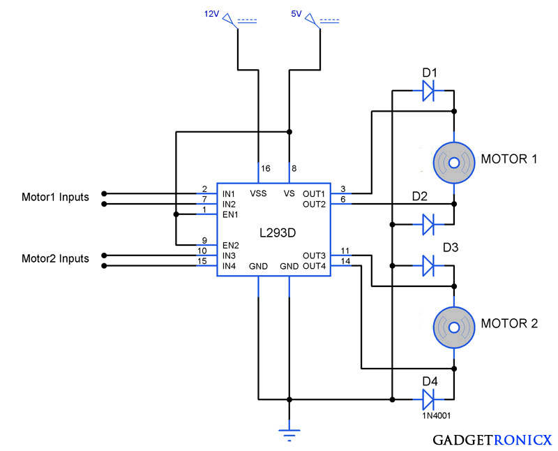 Bidirectional Motor Controller Circuit using L293D - Gadgetronicx