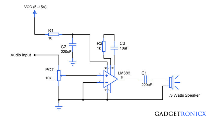 Audio Amplifier Circuit Using Ic Lm386 Gadgetronicx