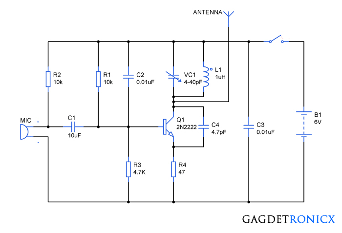 Simple FM spy bug circuit using Transistor Gadgetronicx